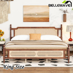 Bellemave® Pine Wooden Bed with Rattan Headboard and Footboard - Bellemave