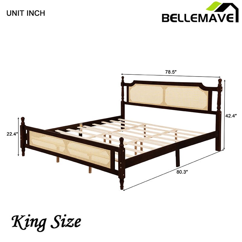Bellemave® Pine Wooden Bed with Rattan Headboard and Footboard - Bellemave