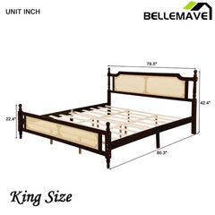 Bellemave® Pine Wooden Bed with Rattan Headboard and Footboard - Bellemave