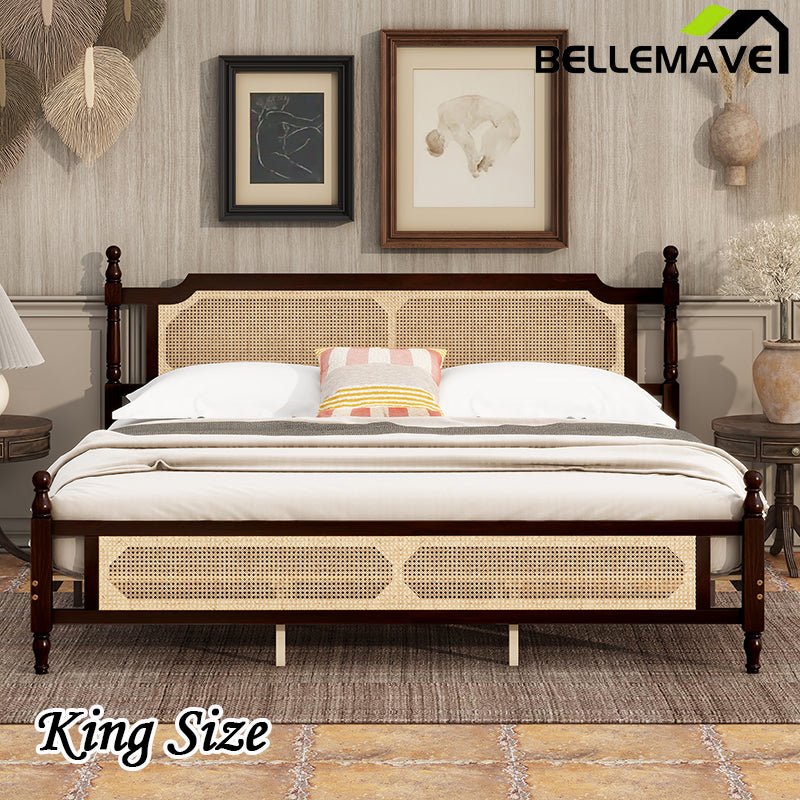 Bellemave® Pine Wooden Bed with Rattan Headboard and Footboard - Bellemave
