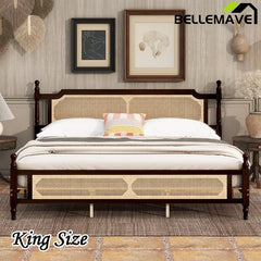 Bellemave® Pine Wooden Bed with Rattan Headboard and Footboard - Bellemave