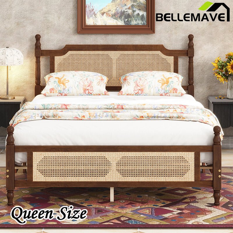 Bellemave® Pine Wooden Bed with Rattan Headboard and Footboard - Bellemave