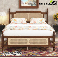 Bellemave® Pine Wooden Bed with Rattan Headboard and Footboard - Bellemave