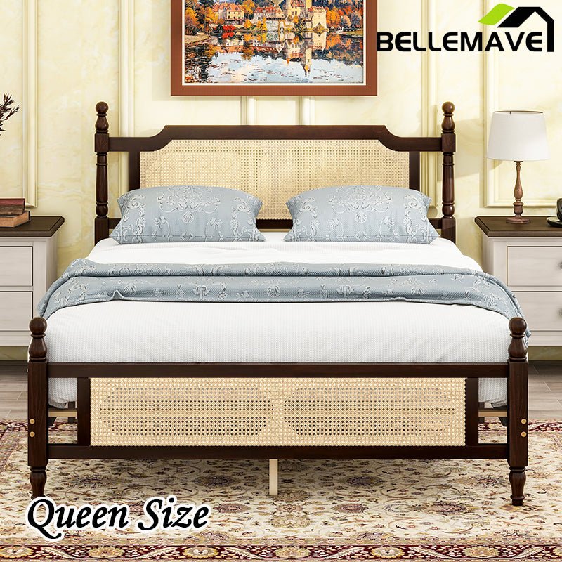 Bellemave® Pine Wooden Bed with Rattan Headboard and Footboard - Bellemave