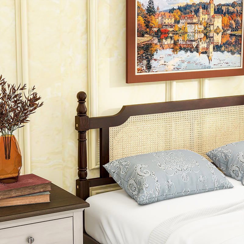 Bellemave® Pine Wooden Bed with Rattan Headboard and Footboard - Bellemave