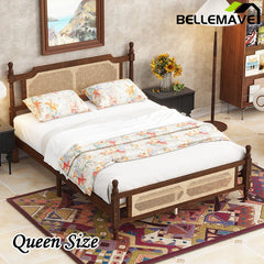 Bellemave® Pine Wooden Bed with Rattan Headboard and Footboard - Bellemave