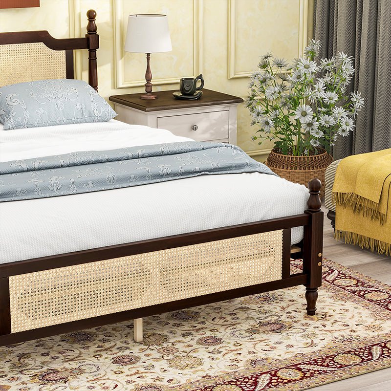 Bellemave® Pine Wooden Bed with Rattan Headboard and Footboard - Bellemave