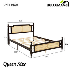 Bellemave® Pine Wooden Bed with Rattan Headboard and Footboard - Bellemave
