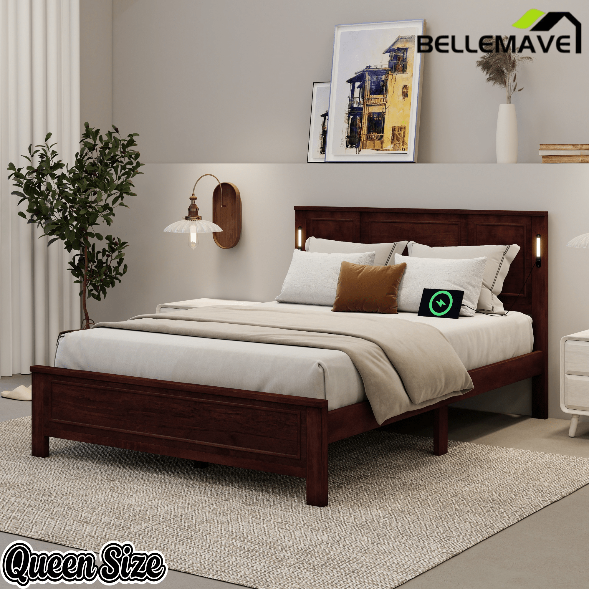 Bellemave® Pinewood Platform Bed Frame with Tall - Panel Headboard & Footboard, Built - in LED Lights - Bellemave