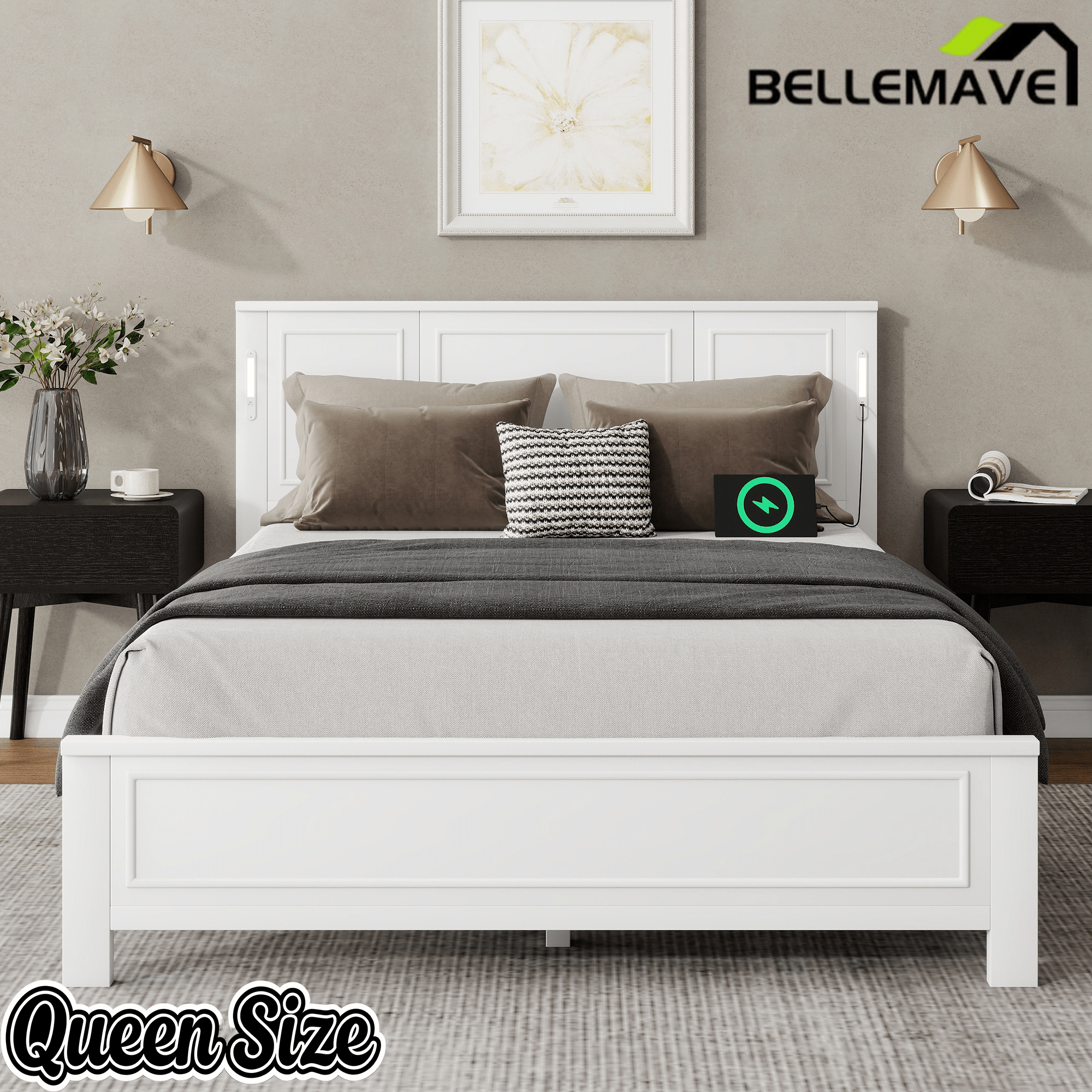 Bellemave® Pinewood Platform Bed Frame with Tall - Panel Headboard & Footboard, Built - in LED Lights - Bellemave