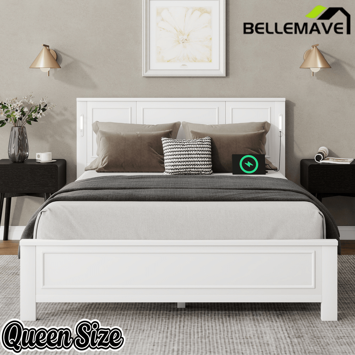 Bellemave® Pinewood Platform Bed Frame with Tall - Panel Headboard & Footboard, Built - in LED Lights - Bellemave