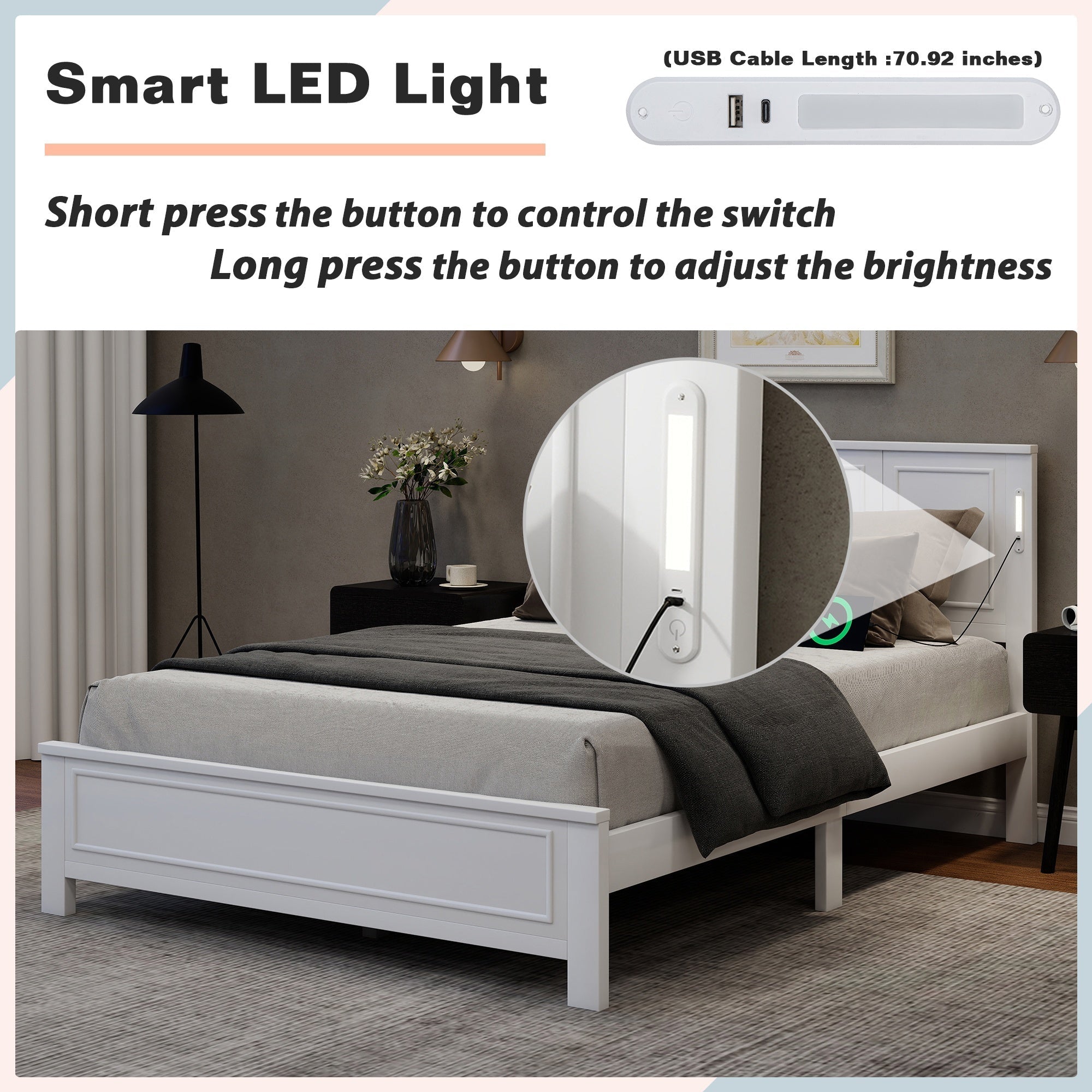 Bellemave® Pinewood Platform Bed Frame with Tall - Panel Headboard & Footboard, Built - in LED Lights - Bellemave