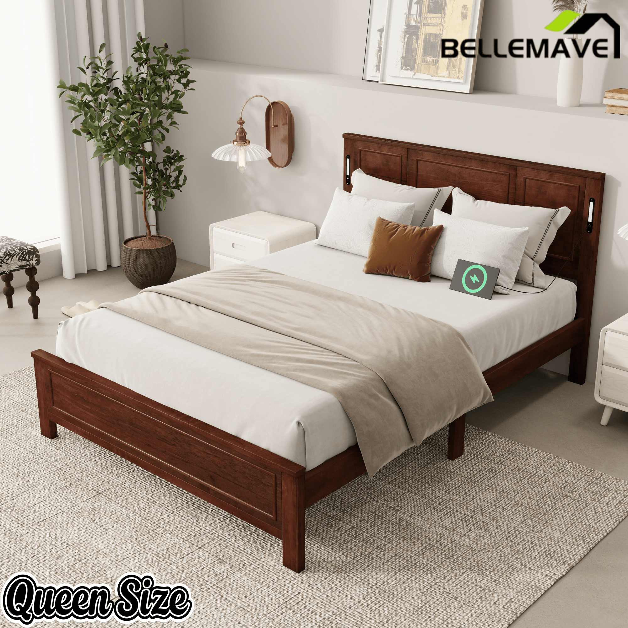 Bellemave® Pinewood Platform Bed Frame with Tall - Panel Headboard & Footboard, Built - in LED Lights - Bellemave