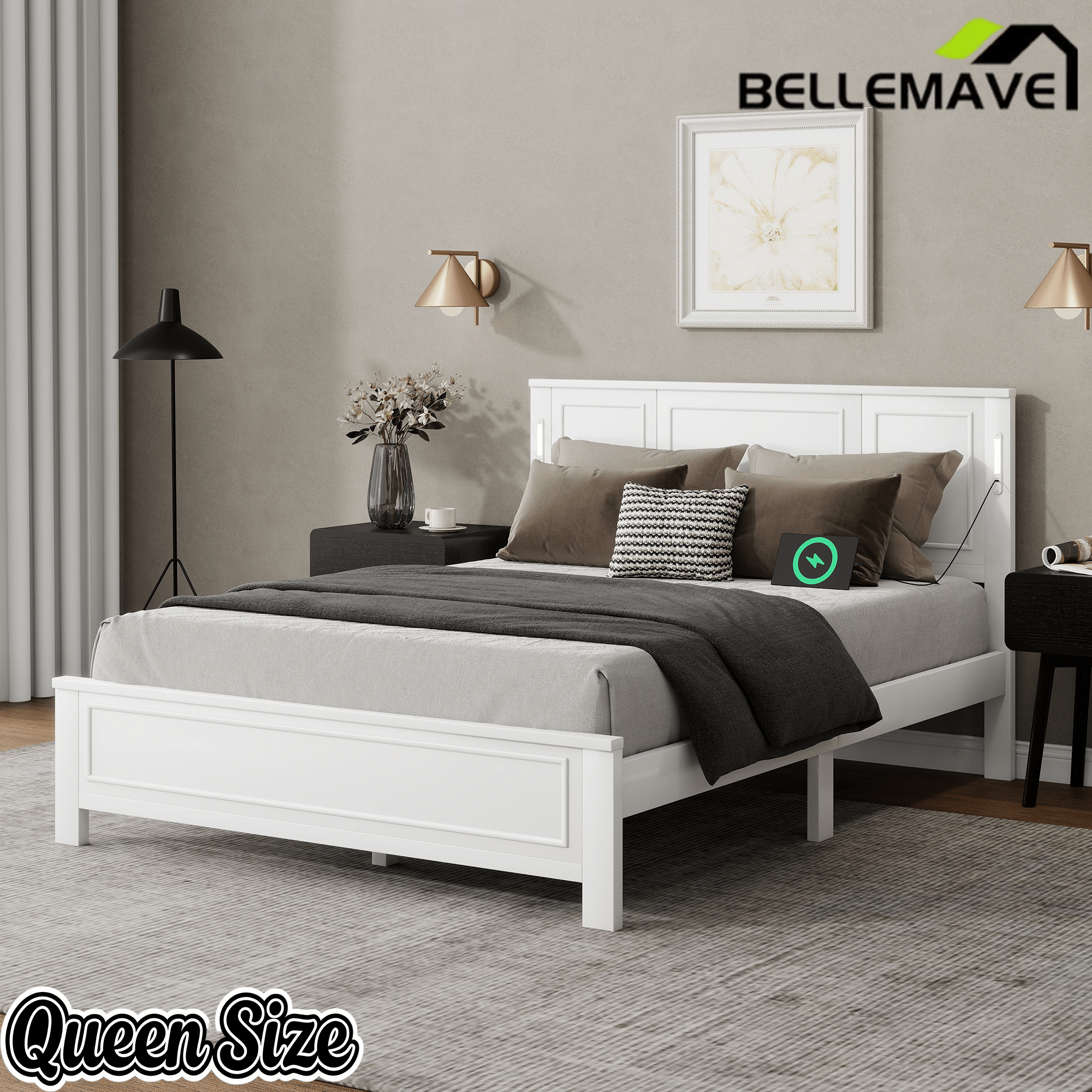 Bellemave® Pinewood Platform Bed Frame with Tall - Panel Headboard & Footboard, Built - in LED Lights - Bellemave