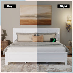Bellemave® Pinewood Platform Bed Frame with Tall - Panel Headboard & Footboard, Built - in LED Lights - Bellemave