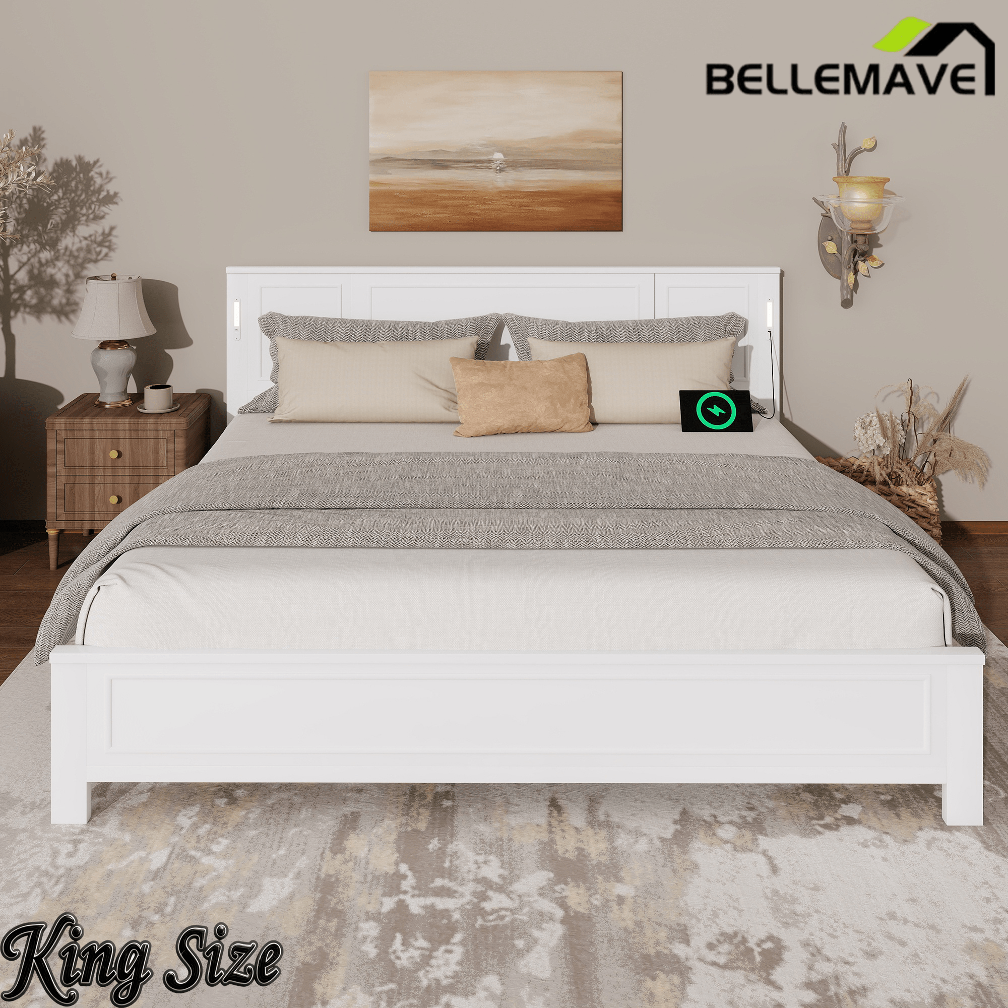 Bellemave® Pinewood Platform Bed Frame with Tall - Panel Headboard & Footboard, Built - in LED Lights - Bellemave
