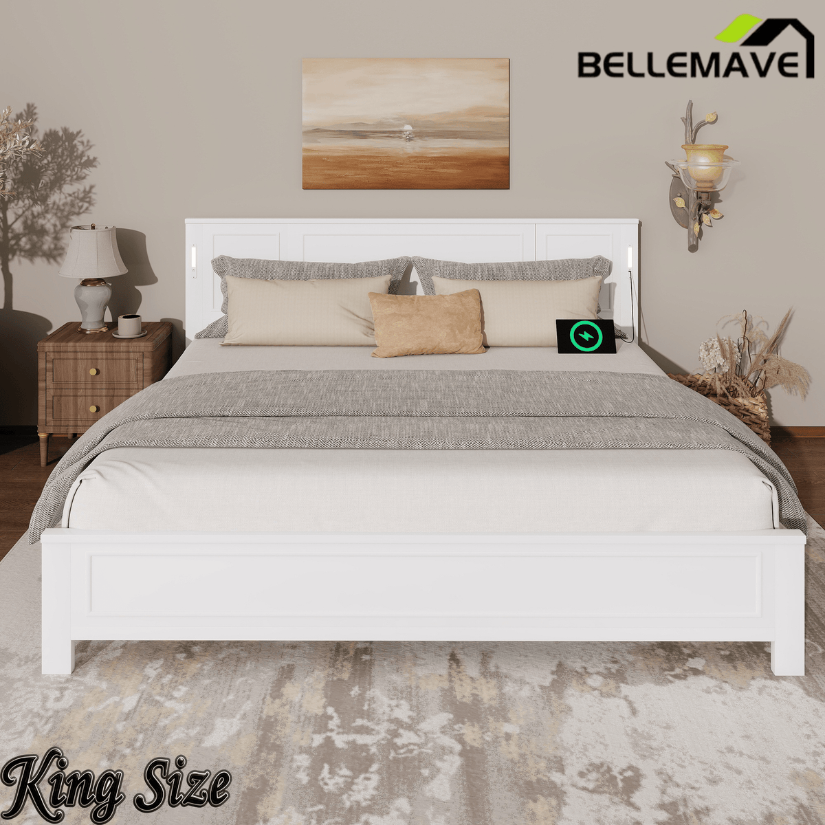 Bellemave® Pinewood Platform Bed Frame with Tall - Panel Headboard & Footboard, Built - in LED Lights - Bellemave