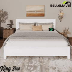 Bellemave® Pinewood Platform Bed Frame with Tall - Panel Headboard & Footboard, Built - in LED Lights - Bellemave