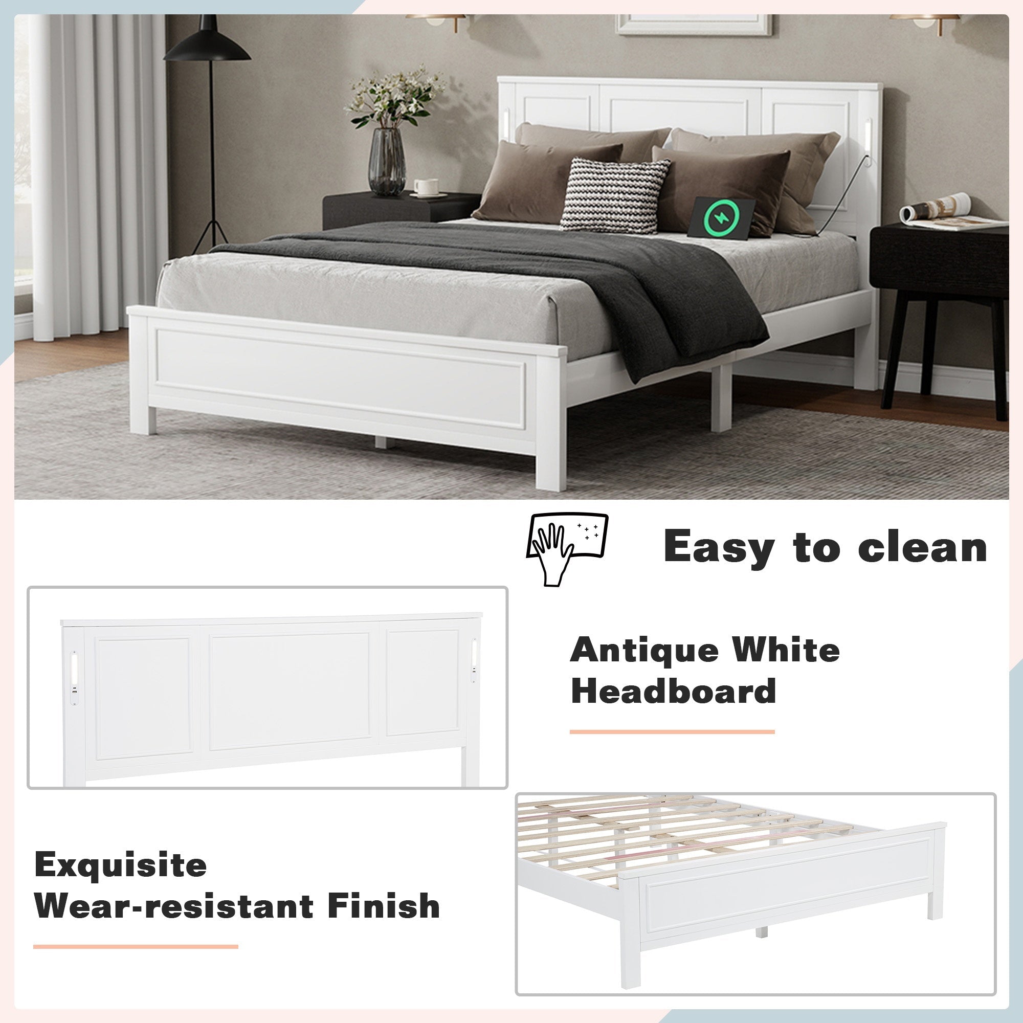 Bellemave® Pinewood Platform Bed Frame with Tall - Panel Headboard & Footboard, Built - in LED Lights - Bellemave