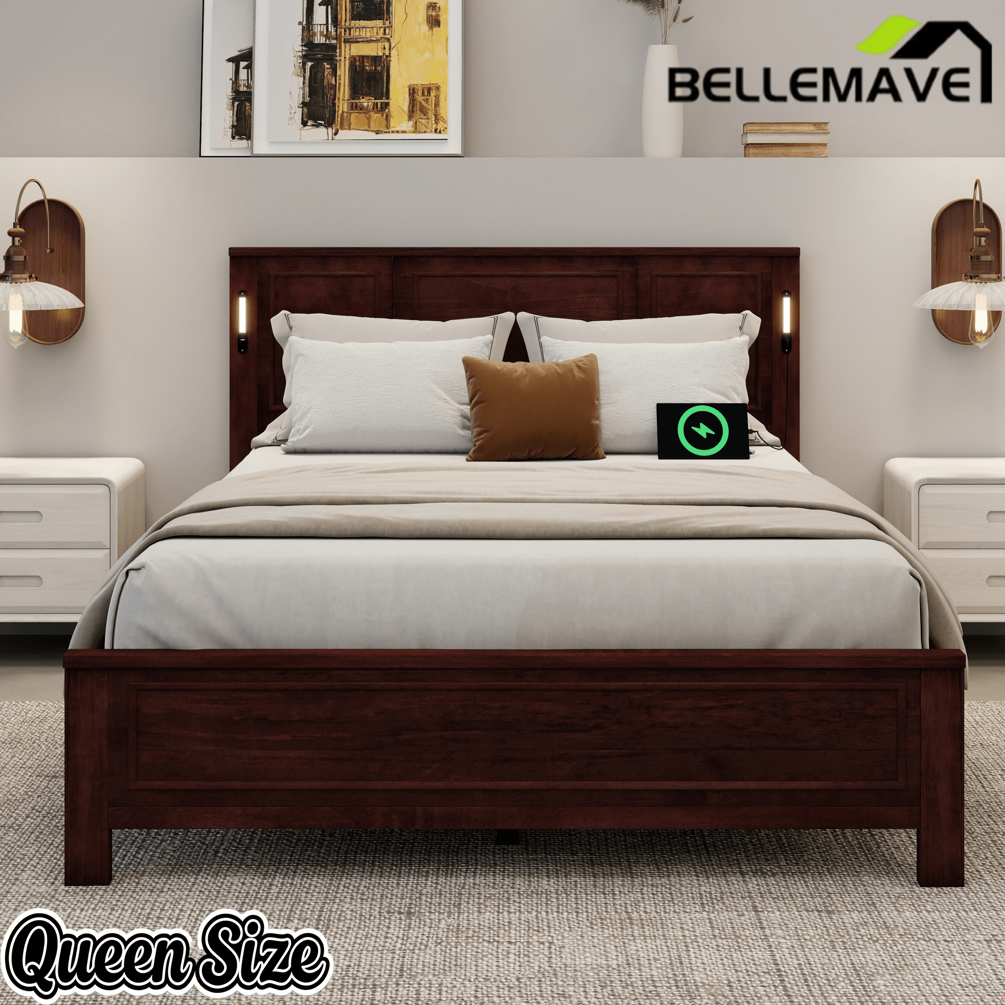 Bellemave® Pinewood Platform Bed Frame with Tall - Panel Headboard & Footboard, Built - in LED Lights - Bellemave