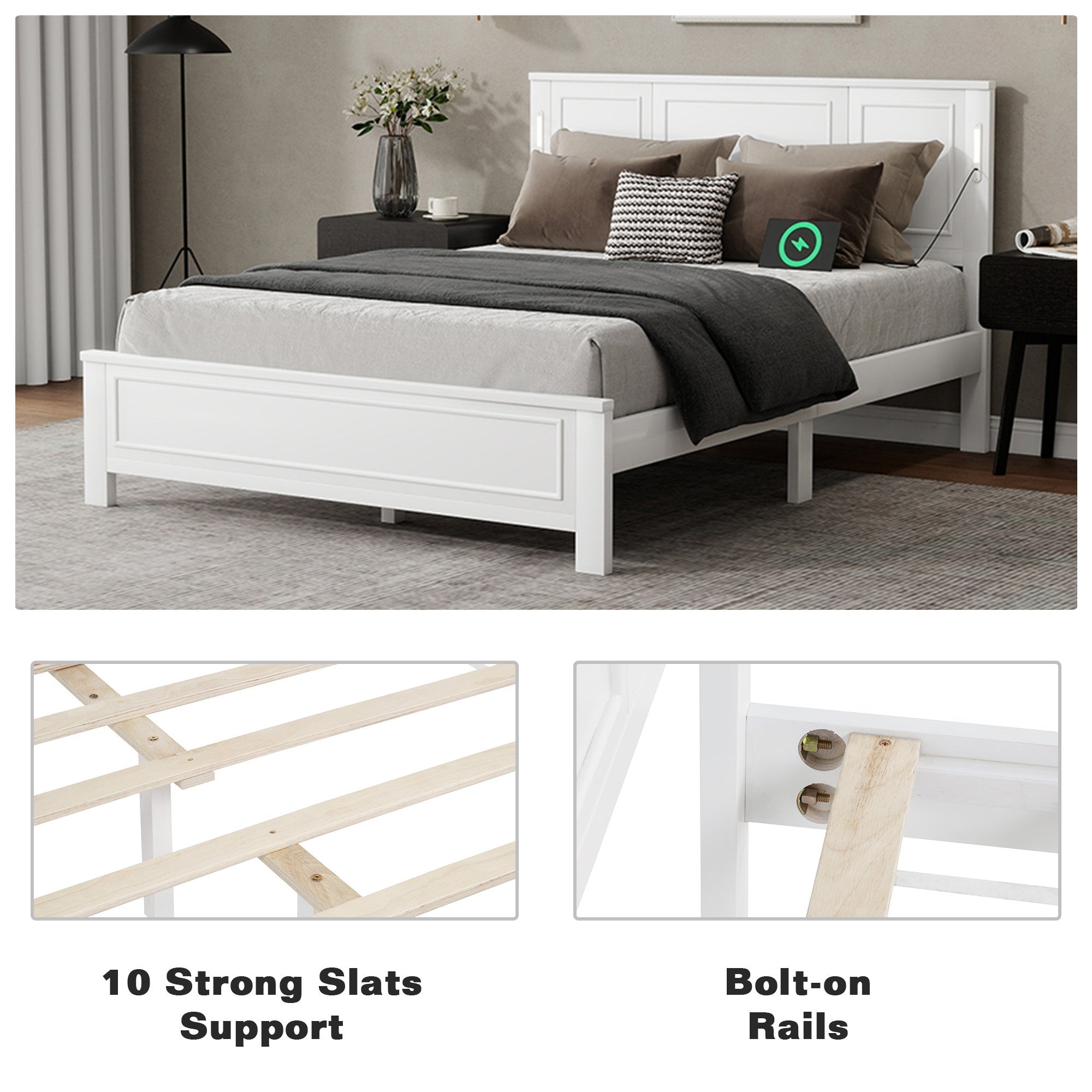 Bellemave® Pinewood Platform Bed Frame with Tall - Panel Headboard & Footboard, Built - in LED Lights - Bellemave