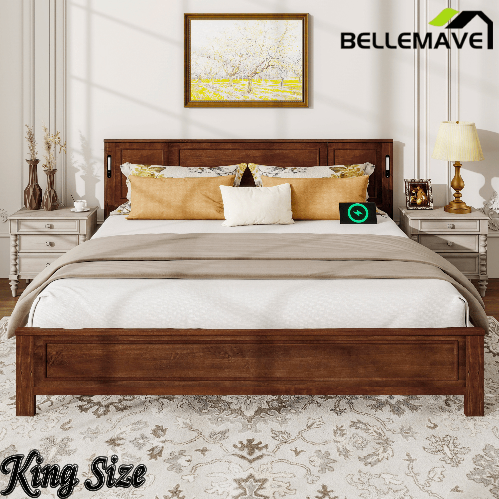 Bellemave® Pinewood Platform Bed Frame with Tall - Panel Headboard & Footboard, Built - in LED Lights - Bellemave