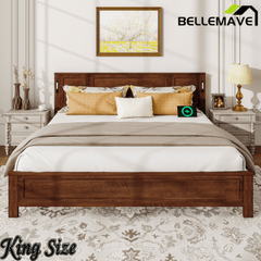 Bellemave® Pinewood Platform Bed Frame with Tall - Panel Headboard & Footboard, Built - in LED Lights - Bellemave