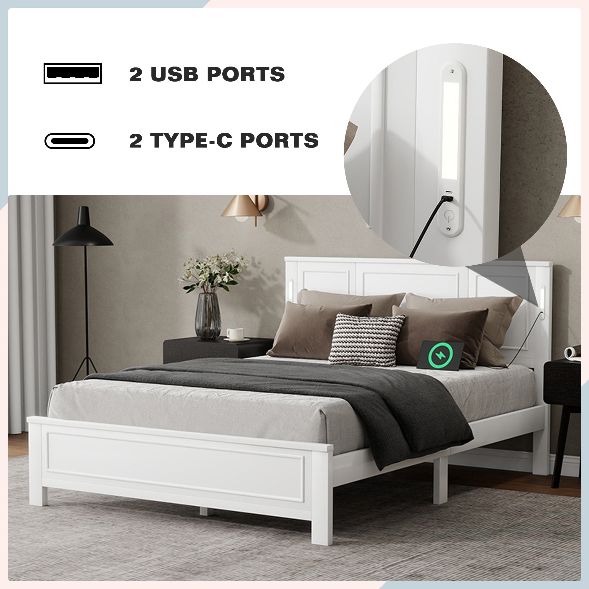 Bellemave® Pinewood Platform Bed Frame with Tall - Panel Headboard & Footboard, Built - in LED Lights - Bellemave