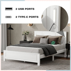 Bellemave® Pinewood Platform Bed Frame with Tall - Panel Headboard & Footboard, Built - in LED Lights - Bellemave