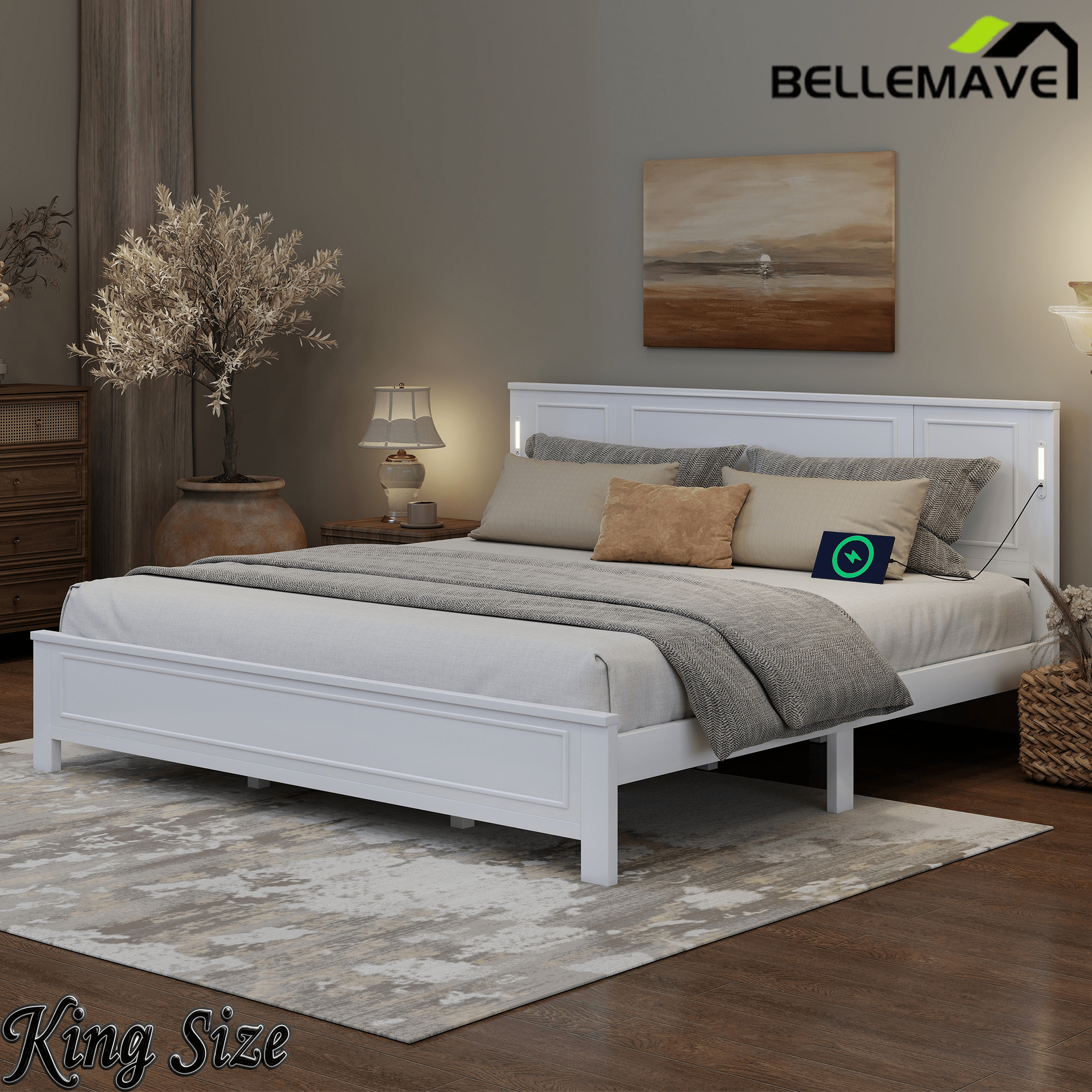 Bellemave® Pinewood Platform Bed Frame with Tall - Panel Headboard & Footboard, Built - in LED Lights - Bellemave