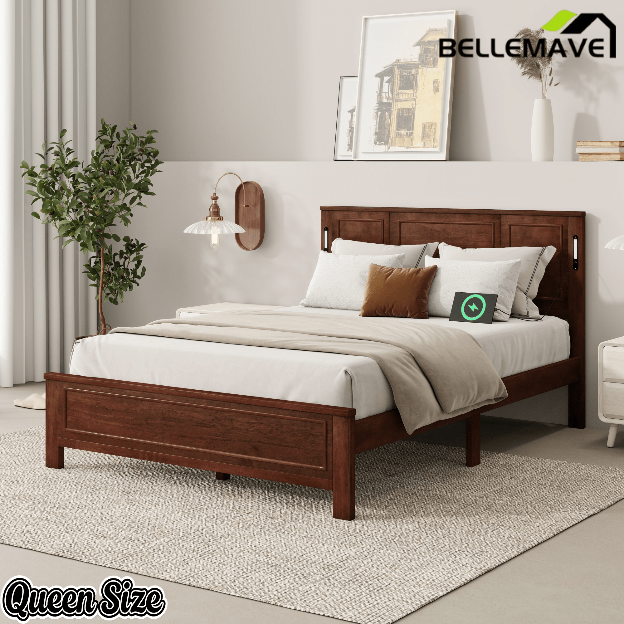 Bellemave® Pinewood Platform Bed Frame with Tall - Panel Headboard & Footboard, Built - in LED Lights - Bellemave