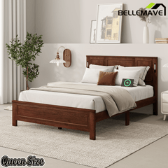 Bellemave® Pinewood Platform Bed Frame with Tall - Panel Headboard & Footboard, Built - in LED Lights - Bellemave