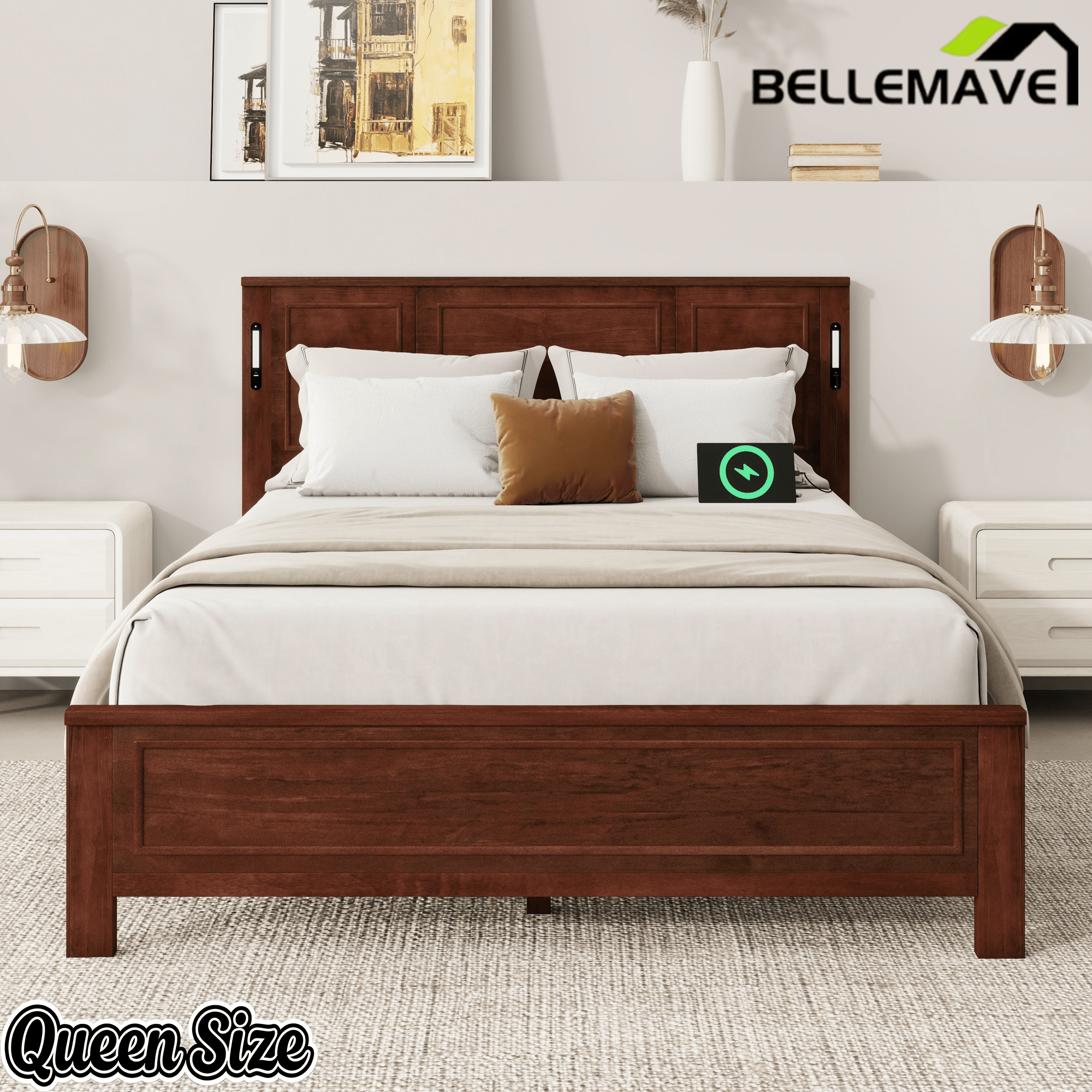 Bellemave® Pinewood Platform Bed Frame with Tall - Panel Headboard & Footboard, Built - in LED Lights - Bellemave