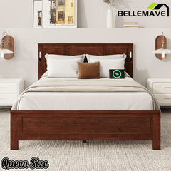 Bellemave® Pinewood Platform Bed Frame with Tall - Panel Headboard & Footboard, Built - in LED Lights - Bellemave