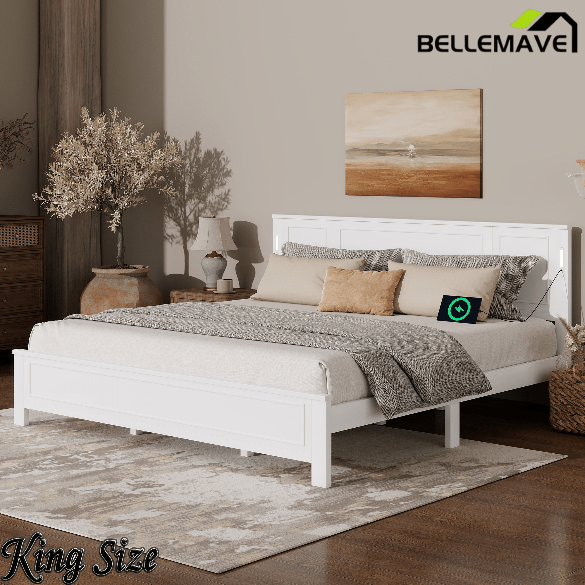 Bellemave® Pinewood Platform Bed Frame with Tall - Panel Headboard & Footboard, Built - in LED Lights - Bellemave