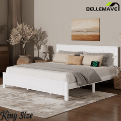 Bellemave® Pinewood Platform Bed Frame with Tall - Panel Headboard & Footboard, Built - in LED Lights - Bellemave