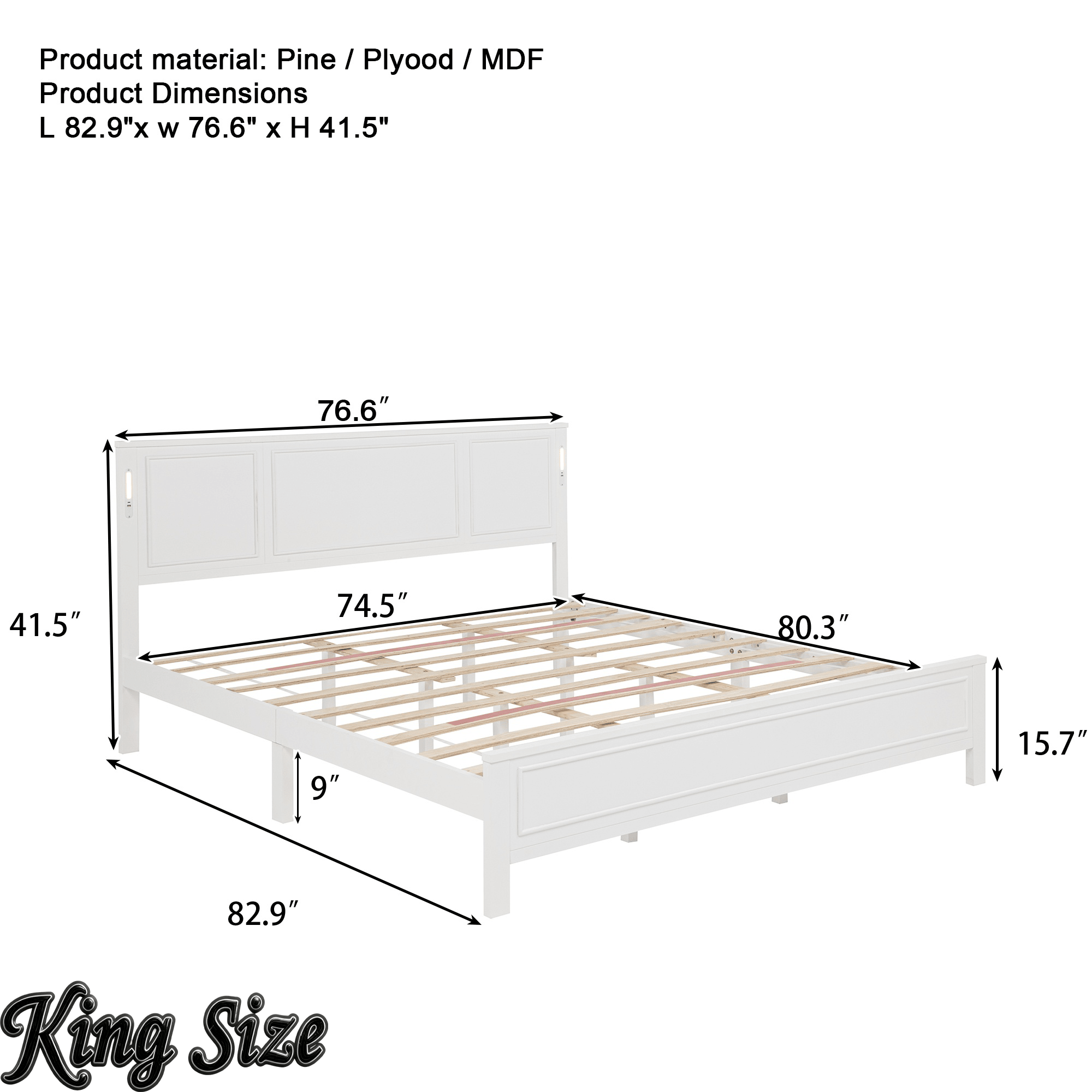 Bellemave® Pinewood Platform Bed Frame with Tall - Panel Headboard & Footboard, Built - in LED Lights - Bellemave