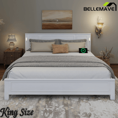 Bellemave® Pinewood Platform Bed Frame with Tall - Panel Headboard & Footboard, Built - in LED Lights - Bellemave