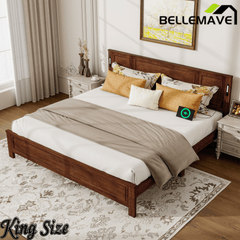 Bellemave® Pinewood Platform Bed Frame with Tall - Panel Headboard & Footboard, Built - in LED Lights - Bellemave