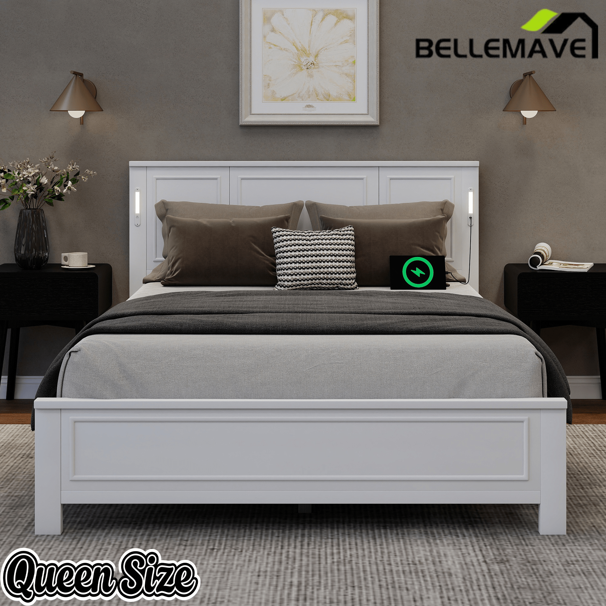 Bellemave® Pinewood Platform Bed Frame with Tall - Panel Headboard & Footboard, Built - in LED Lights - Bellemave