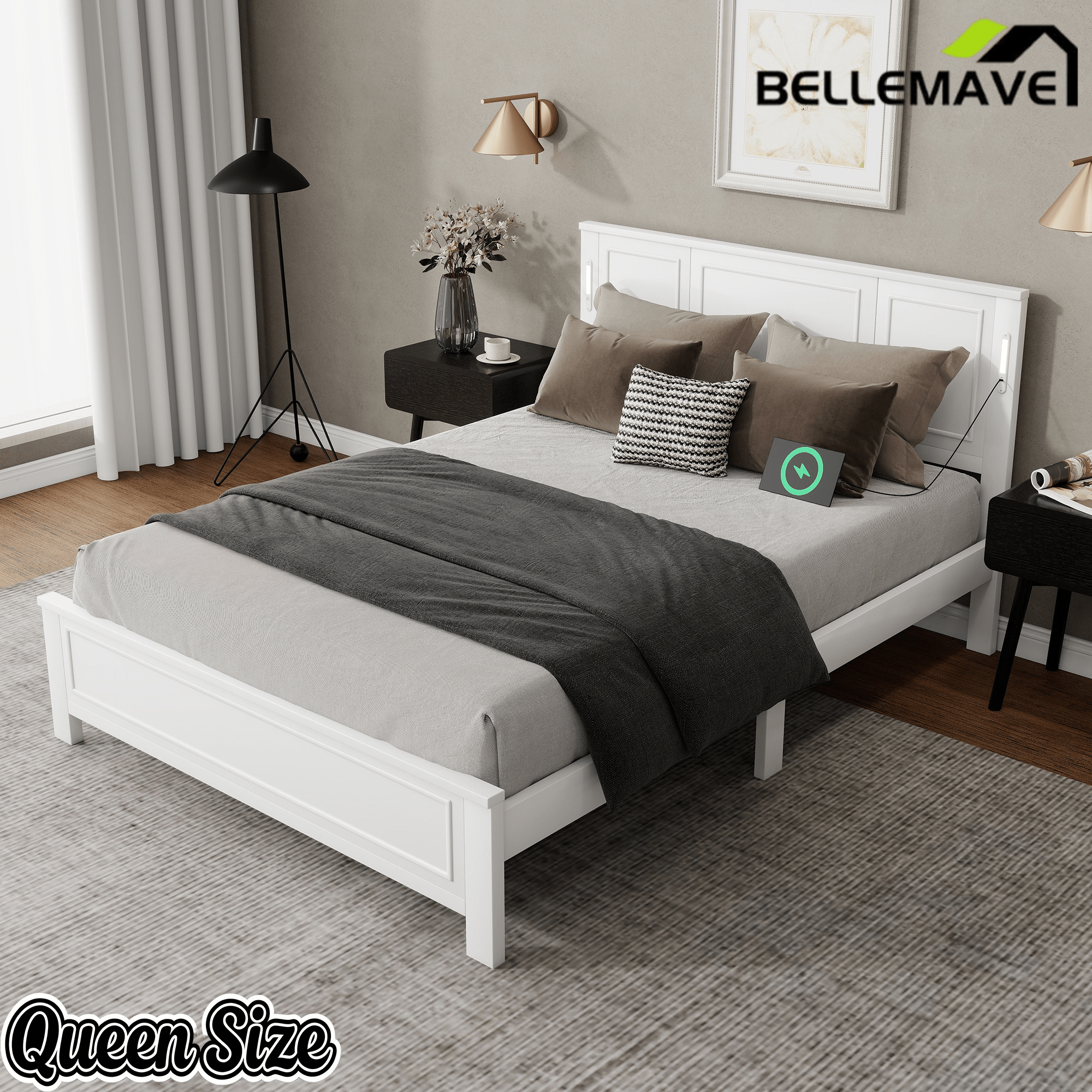 Bellemave® Pinewood Platform Bed Frame with Tall - Panel Headboard & Footboard, Built - in LED Lights - Bellemave