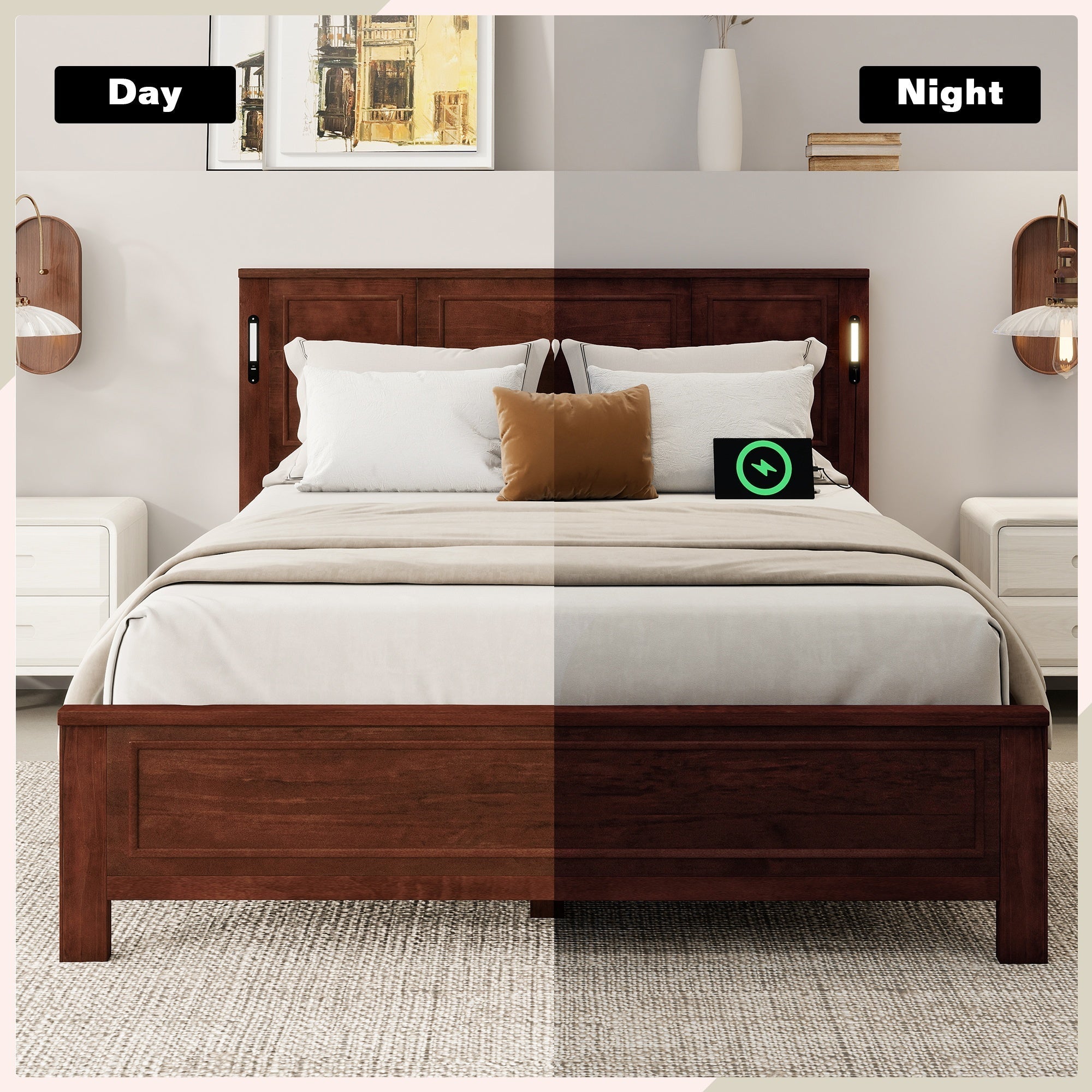 Bellemave® Pinewood Platform Bed Frame with Tall - Panel Headboard & Footboard, Built - in LED Lights - Bellemave