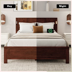 Bellemave® Pinewood Platform Bed Frame with Tall - Panel Headboard & Footboard, Built - in LED Lights - Bellemave