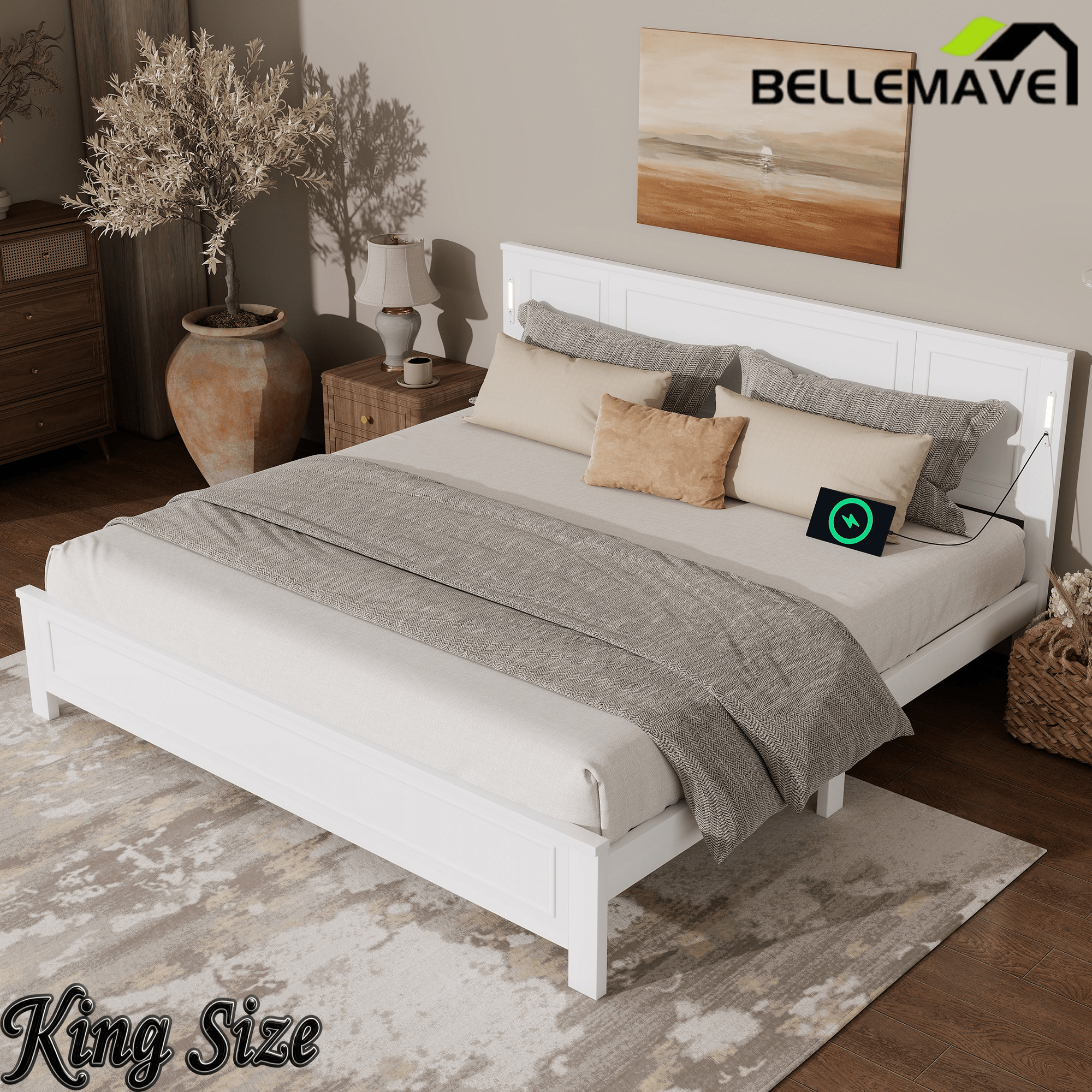 Bellemave® Pinewood Platform Bed Frame with Tall - Panel Headboard & Footboard, Built - in LED Lights - Bellemave