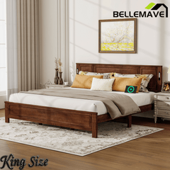 Bellemave® Pinewood Platform Bed Frame with Tall - Panel Headboard & Footboard, Built - in LED Lights - Bellemave