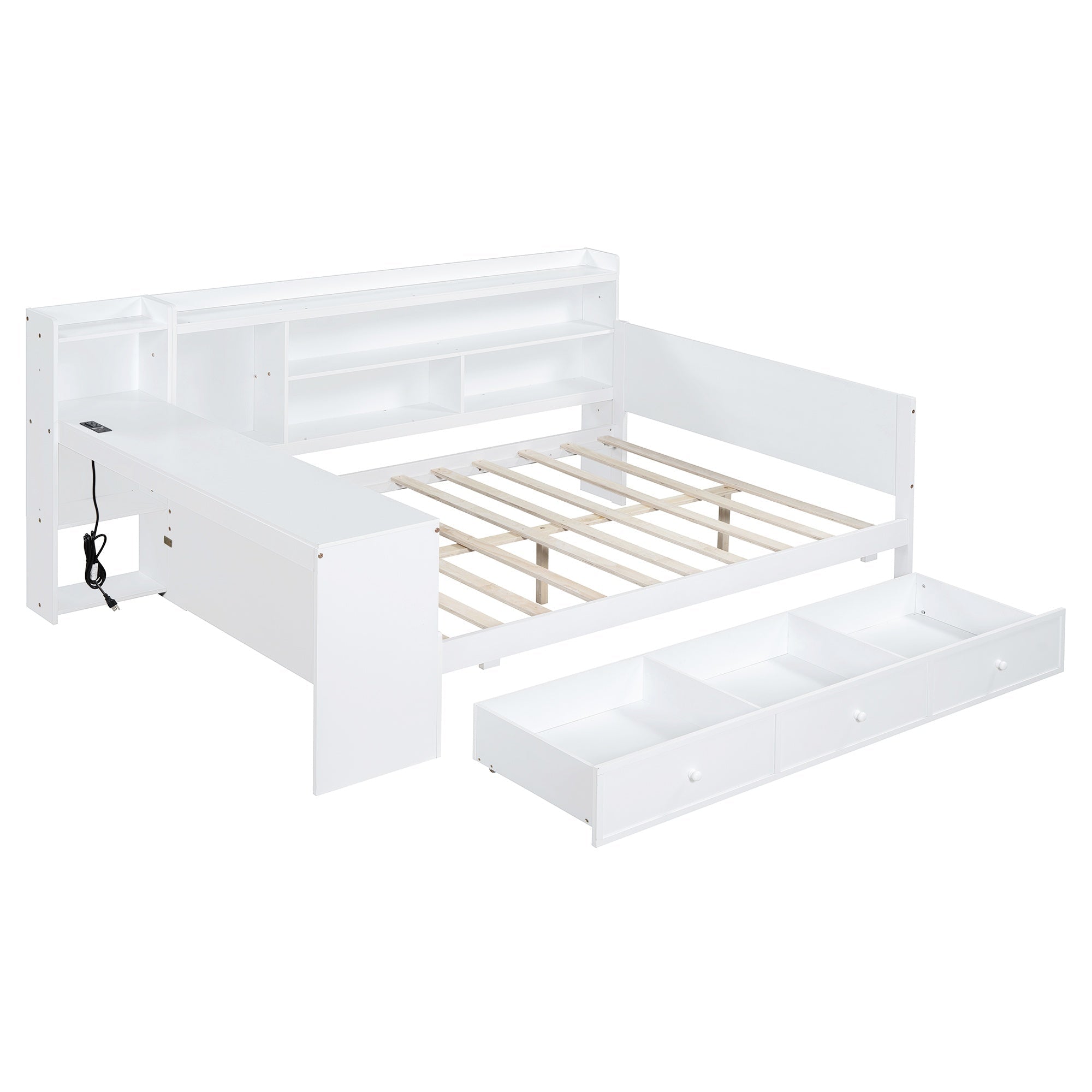 Bellemave® Pinewood U - Shaped Captain Daybed with Desk, Storage Drawers & USB Headboard - Bellemave