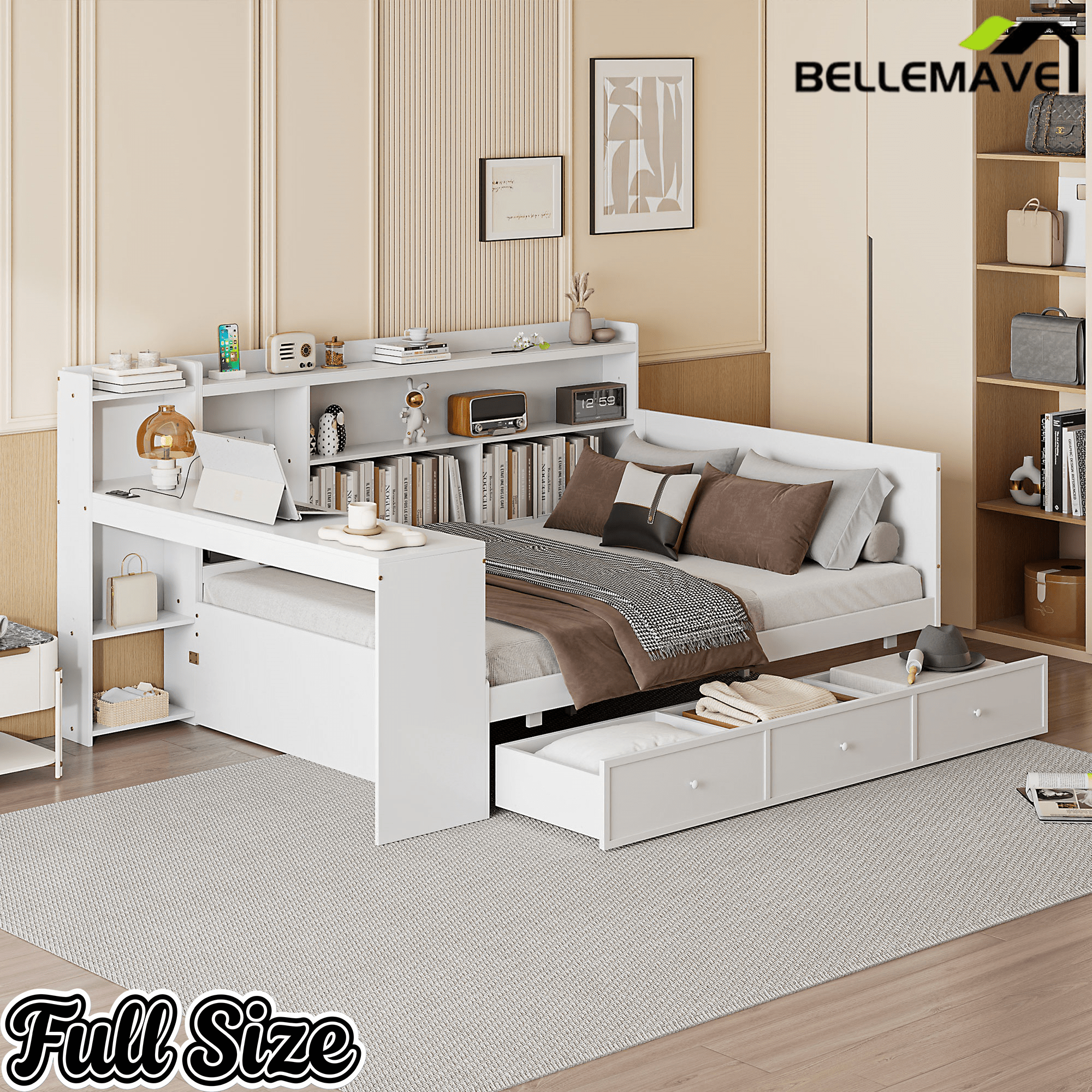 Bellemave® Pinewood U - Shaped Captain Daybed with Desk, Storage Drawers & USB Headboard - Bellemave