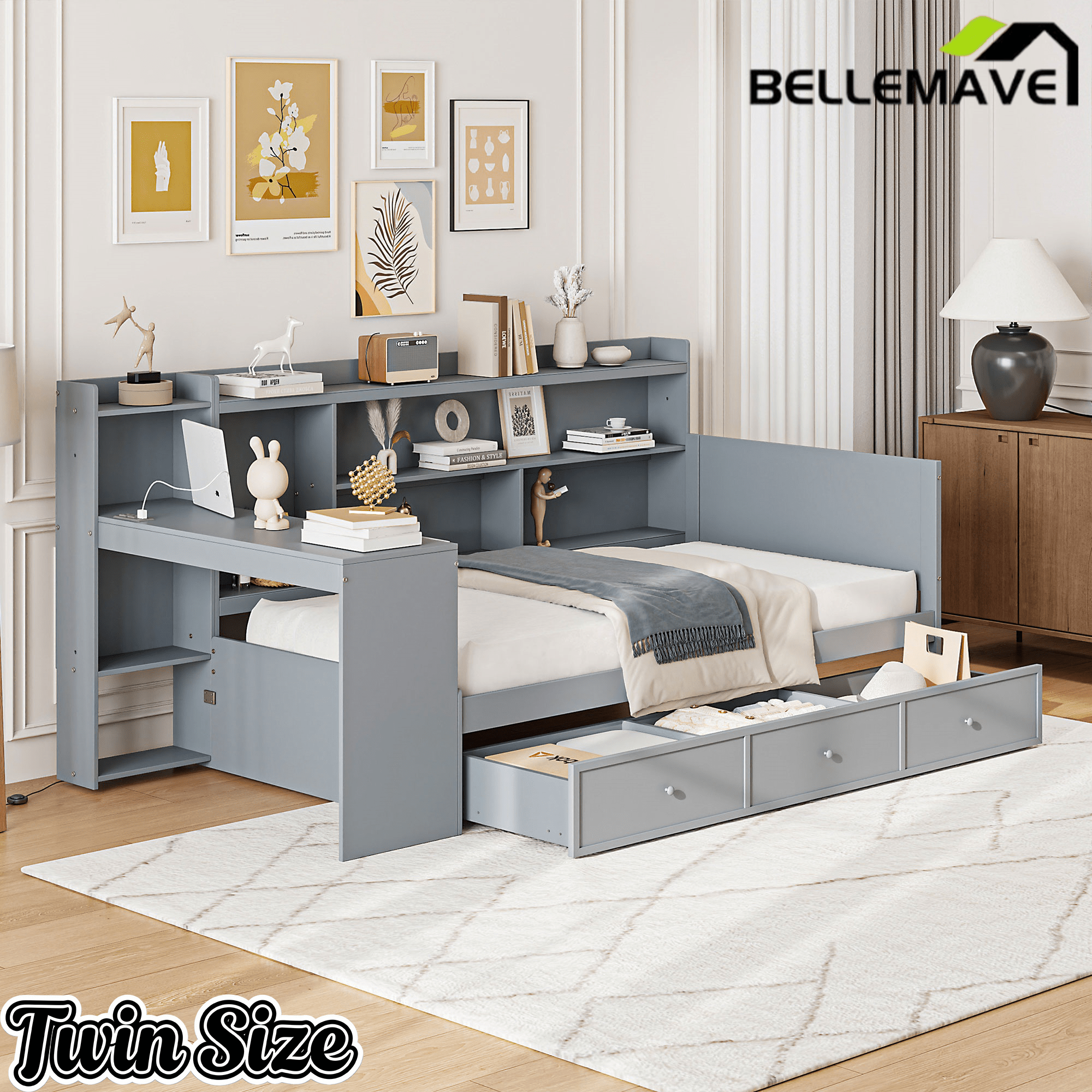 Bellemave® Pinewood U - Shaped Captain Daybed with Desk, Storage Drawers & USB Headboard - Bellemave