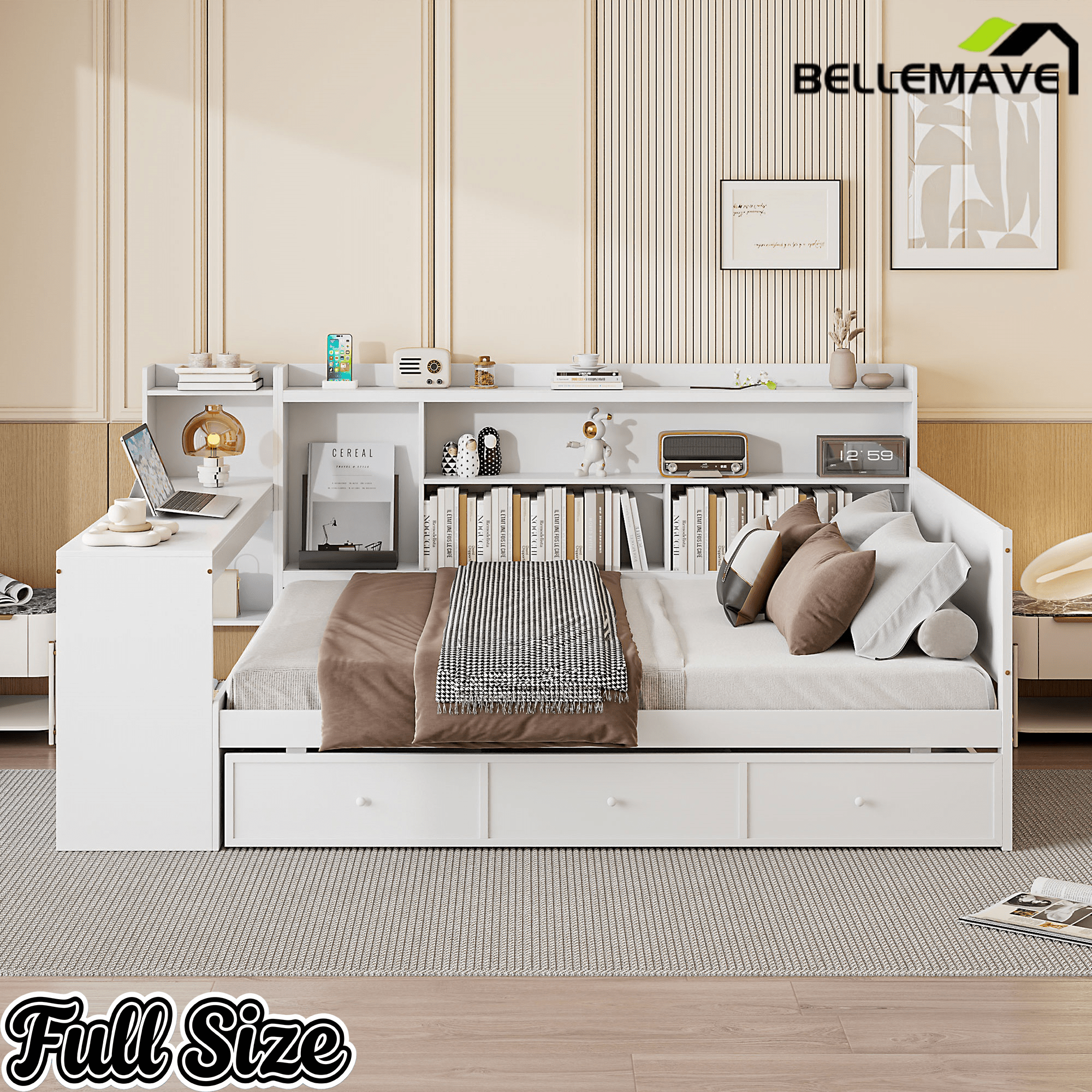 Bellemave® Pinewood U - Shaped Captain Daybed with Desk, Storage Drawers & USB Headboard - Bellemave