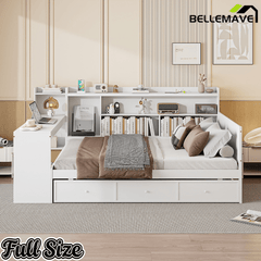 Bellemave® Pinewood U - Shaped Captain Daybed with Desk, Storage Drawers & USB Headboard - Bellemave